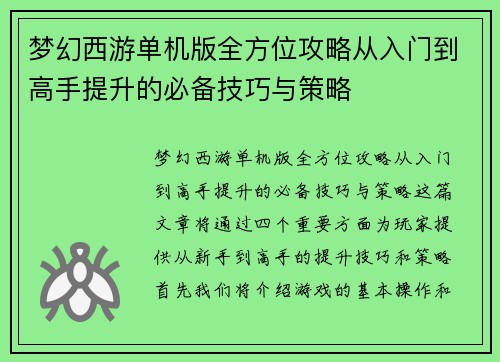 梦幻西游单机版全方位攻略从入门到高手提升的必备技巧与策略