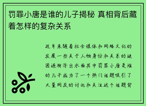 罚罪小唐是谁的儿子揭秘 真相背后藏着怎样的复杂关系